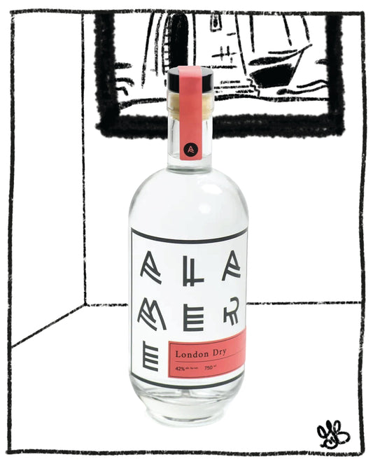 Bottle of Allure London Dry gin with a pink label against a black and white geometric background