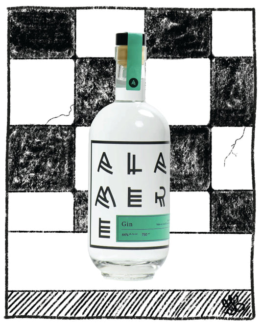 Bottle of Allamer Gin on a black and white checkered background