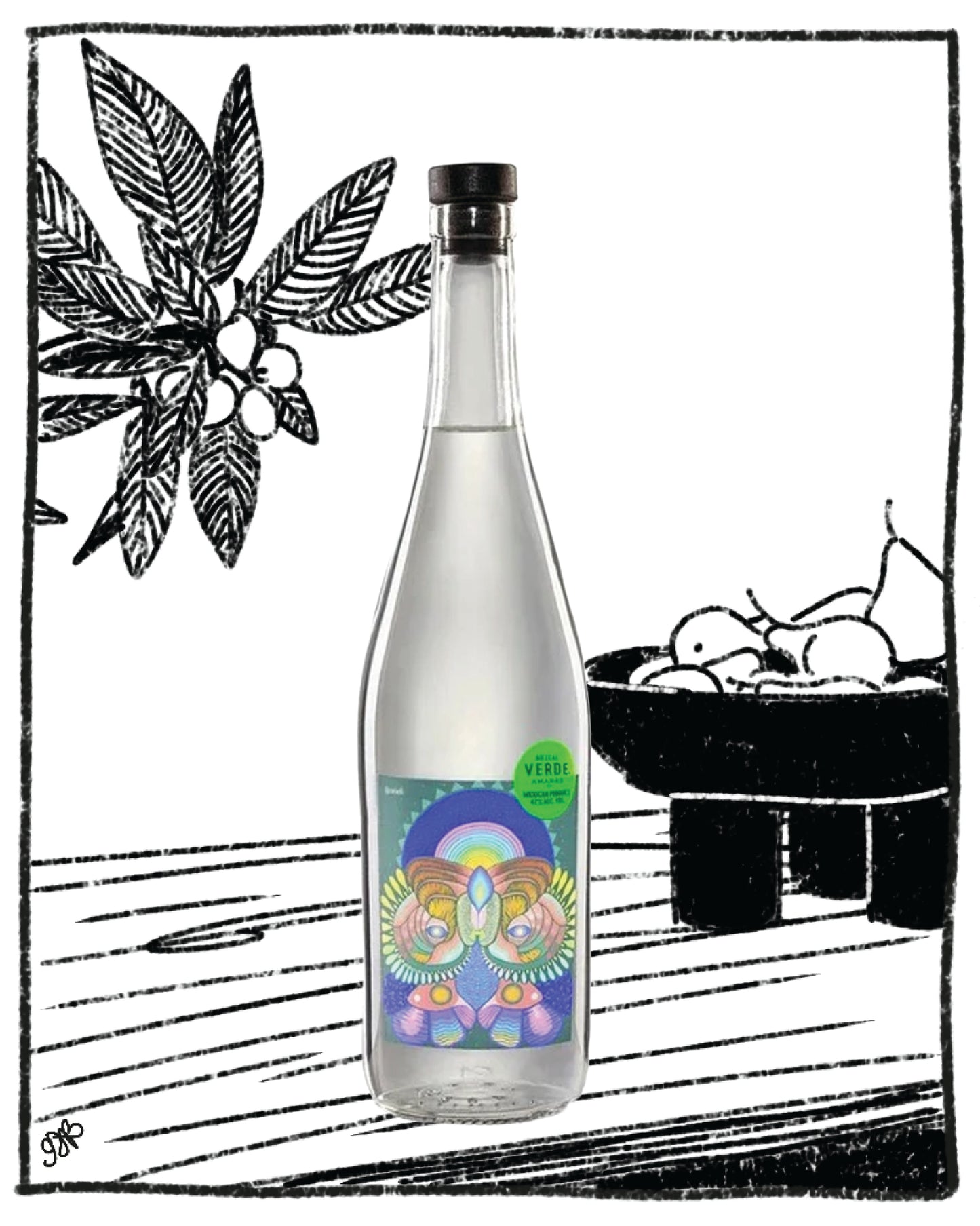 Bottle with colorful label on a black and white illustration background