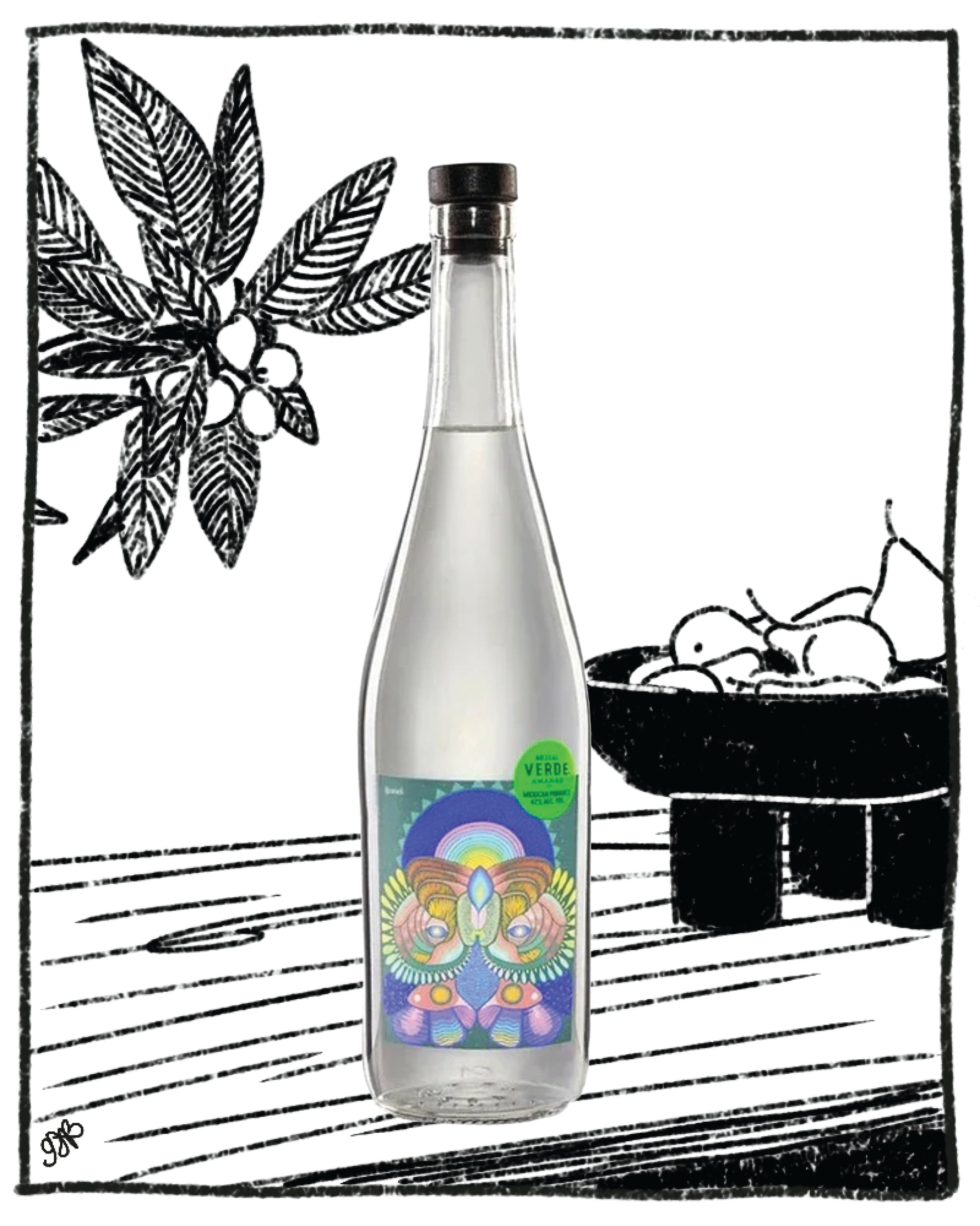 Bottle with colorful label on a black and white illustration background