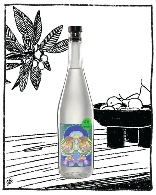 Bottle with colorful label on a black and white illustration background