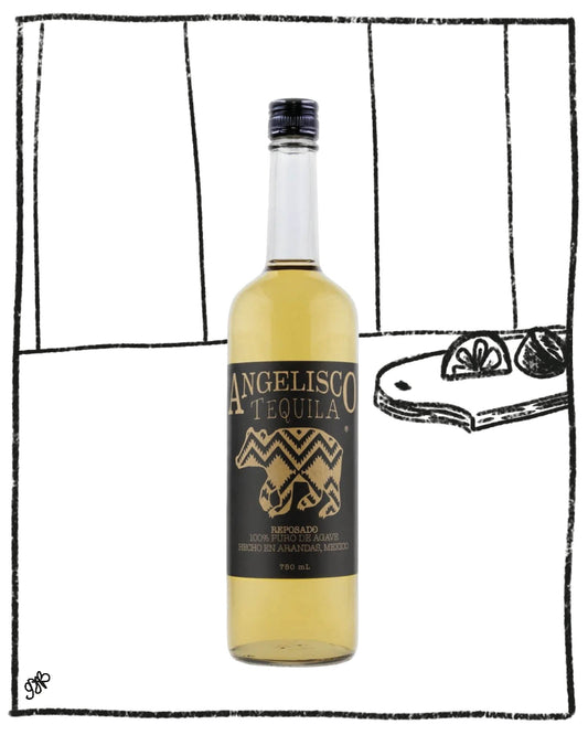 Angelus Tequila bottle with a black and white illustration of a tequila shot in the background