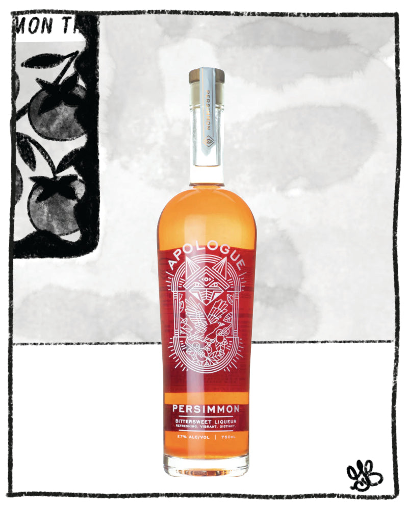 Persimmon liqueur bottle with red label on a light gray background