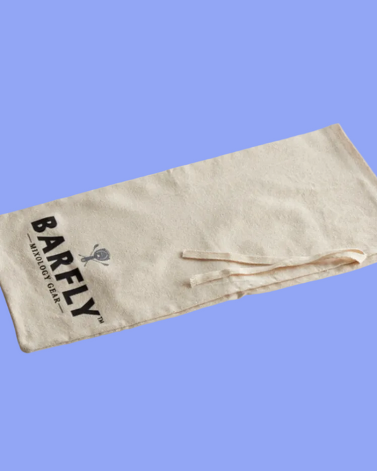 A beige canvas drawstring bag with the brand name 'BARELY' printed in black on the side, shown on a white background with small thumbnail images at the bottom.
