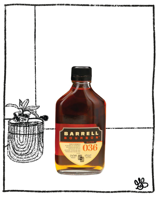 Barrell Bourbon bottle in front of a black and white background