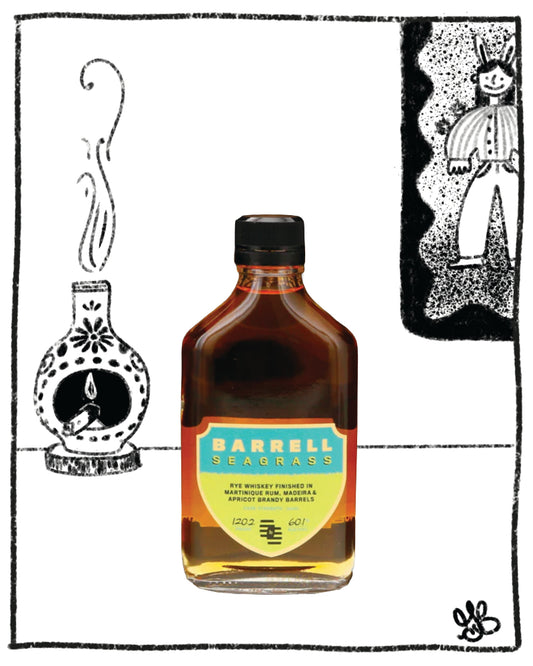 Barrell Seagrass rye whiskey bottle in front of a black and white background
