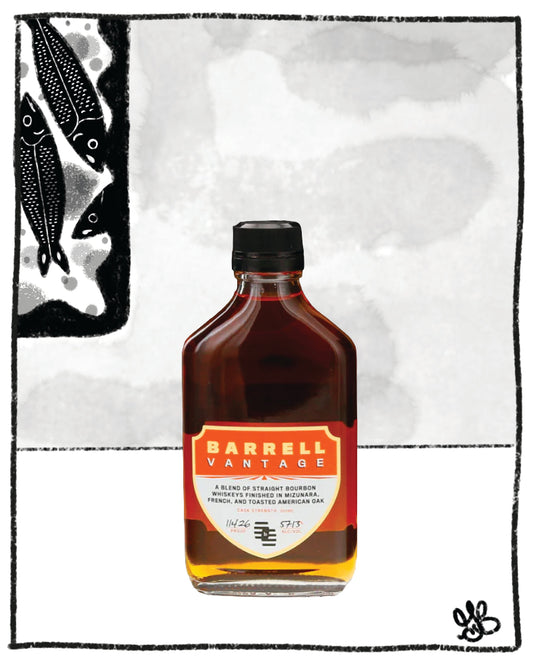 Bottle of Darrell Vantage bourbon with a decorative background