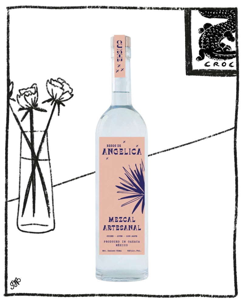 Bottle of Mezcal Artesanal with decorative elements on a white background