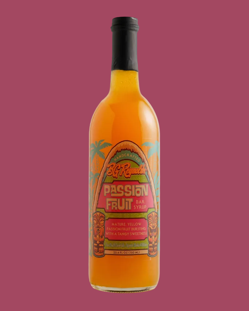 A bottle of 3525 Passion Fruit Soda Syrup filled with bright orange liquid, featuring a colorful tropical label with palm trees and tiki motifs, and a black cap, set against a plain light gray background.