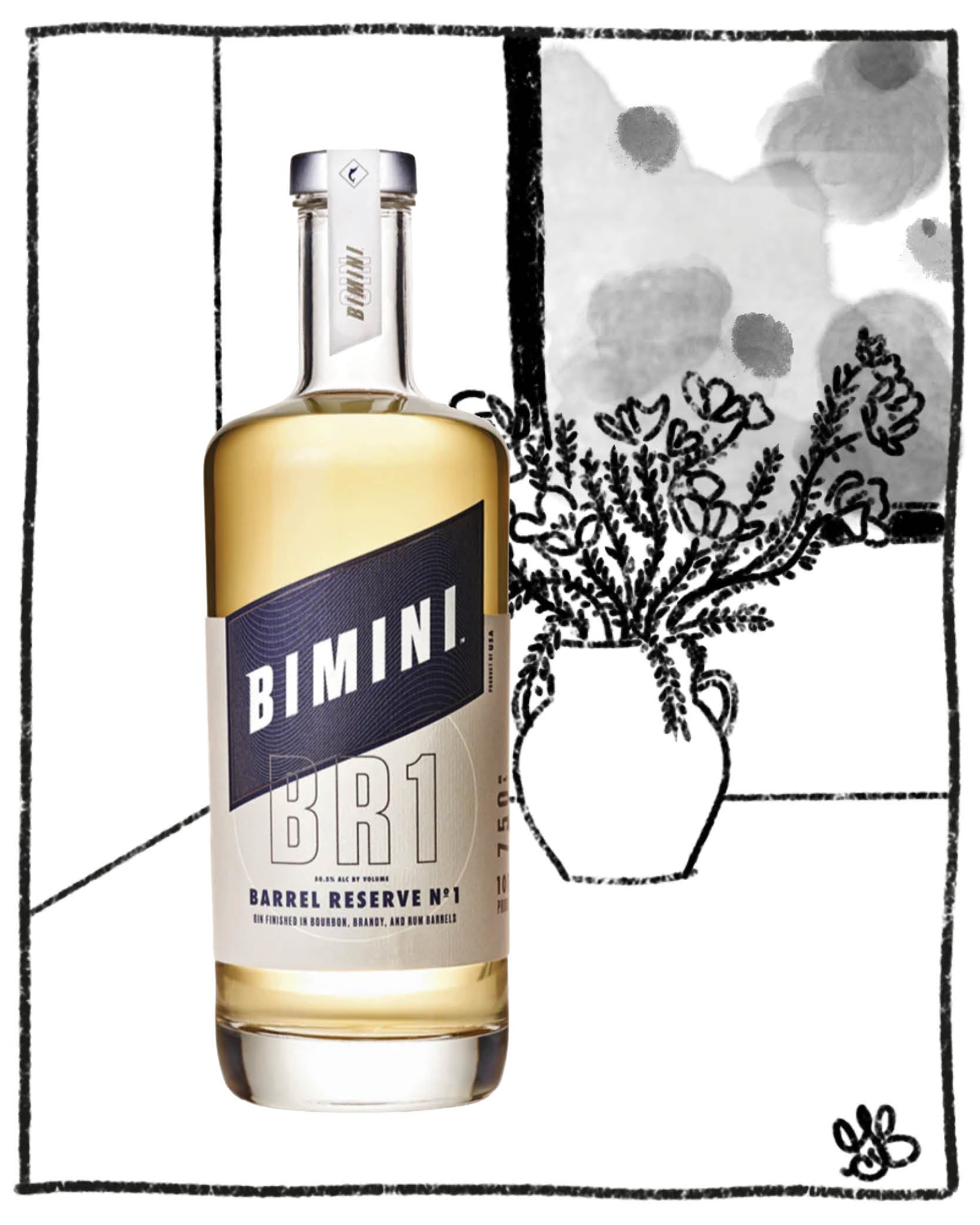 Bimini BR1 bottle with a decorative vase and flowers in the background