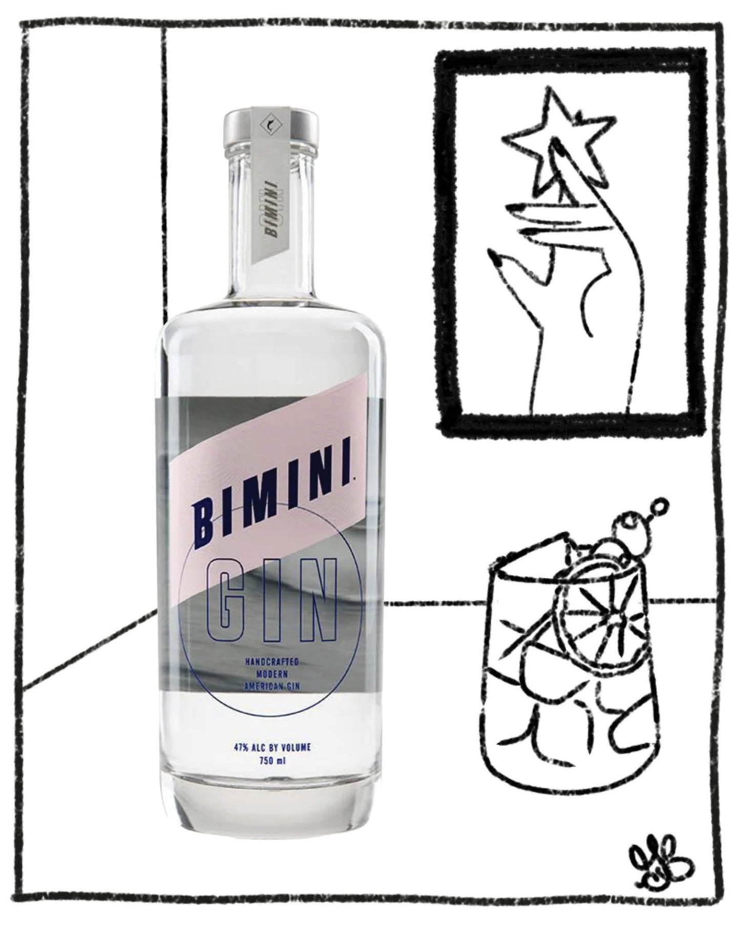Bimini Gin bottle with a glass of cocktail and abstract art on a white background