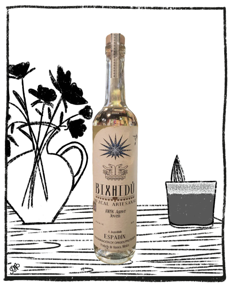 Bottle of Birkhedu Lical Artesanal Espadin wine with decorative elements on a white background