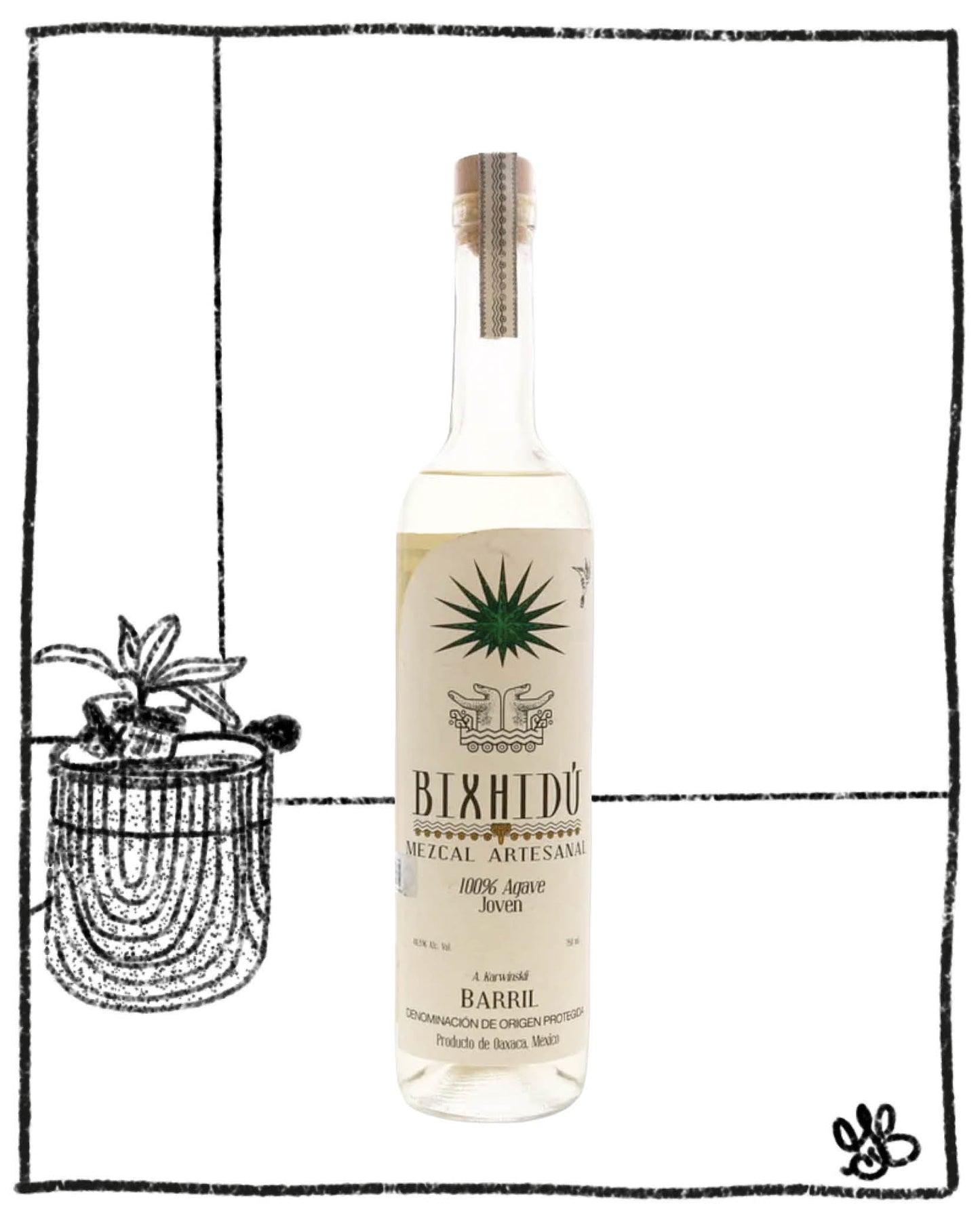 Bottle of Bixhidóu mezcal with a black and white illustration of a plant in the background