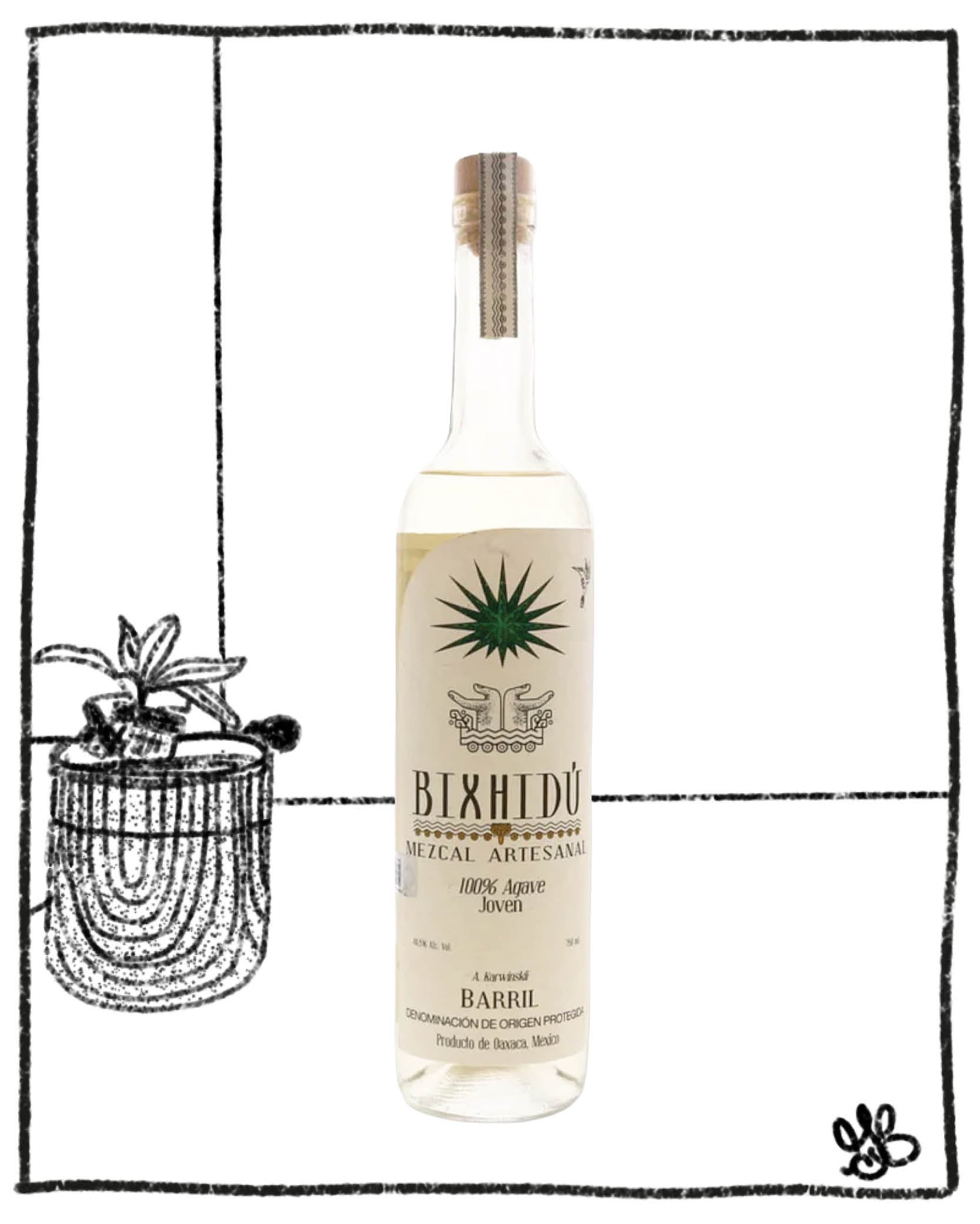 Bottle of Bixhidóu mezcal with a black and white illustration of a plant in the background