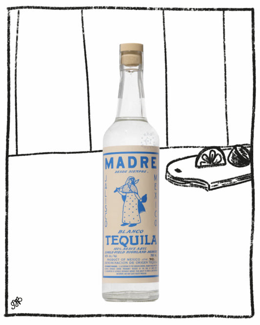 Madre Blanco Tequila bottle with a black and white line drawing of a tequila shot in the background.