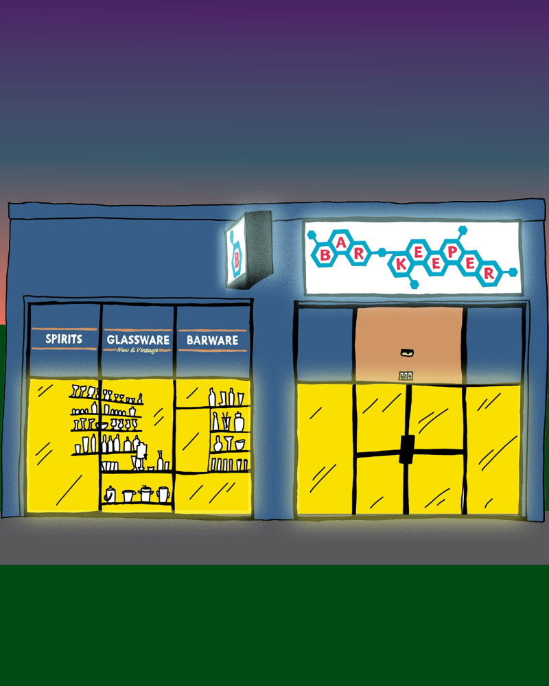 Illustration of a store front with blue and yellow colors