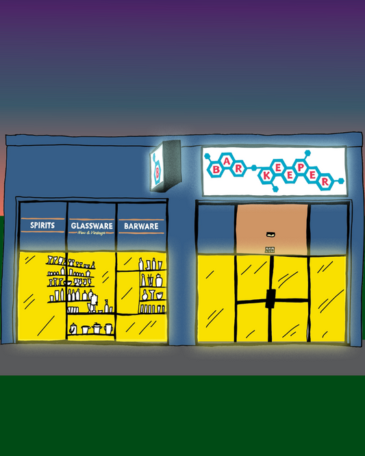 Illustration of a store front with blue and yellow colors