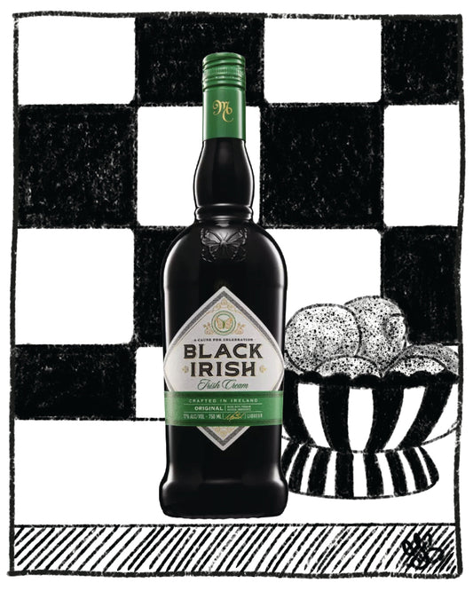 Bottle of Black Irish whiskey on a black and white checkered background