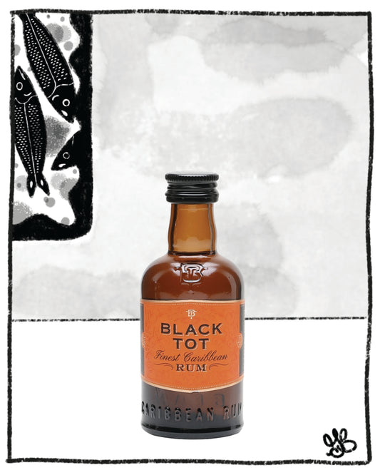 Black Tot Caribbean rum mini bottle in front of a black and white background