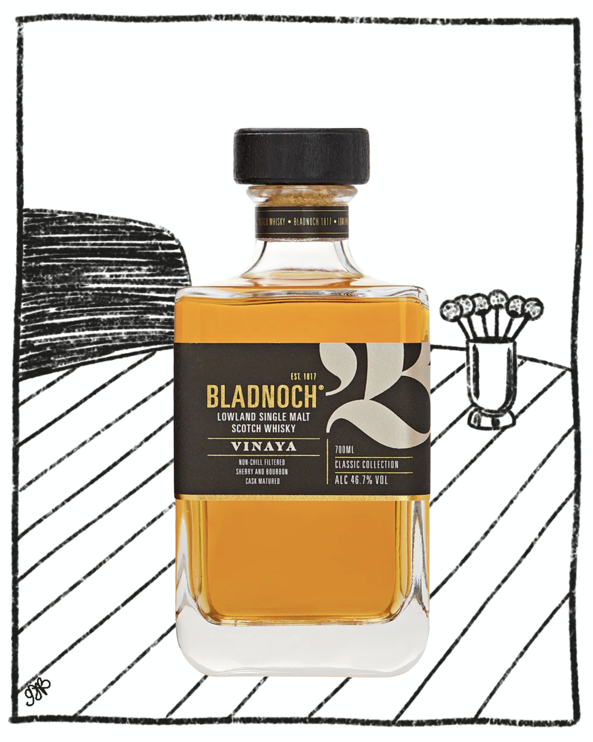 Bladnoch whisky bottle with a black and white illustration of a glass and ice cubes in the background.