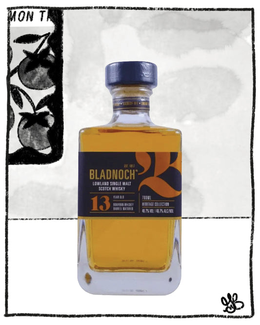 Bladnoch 13-year-old whisky bottle on a light gray background