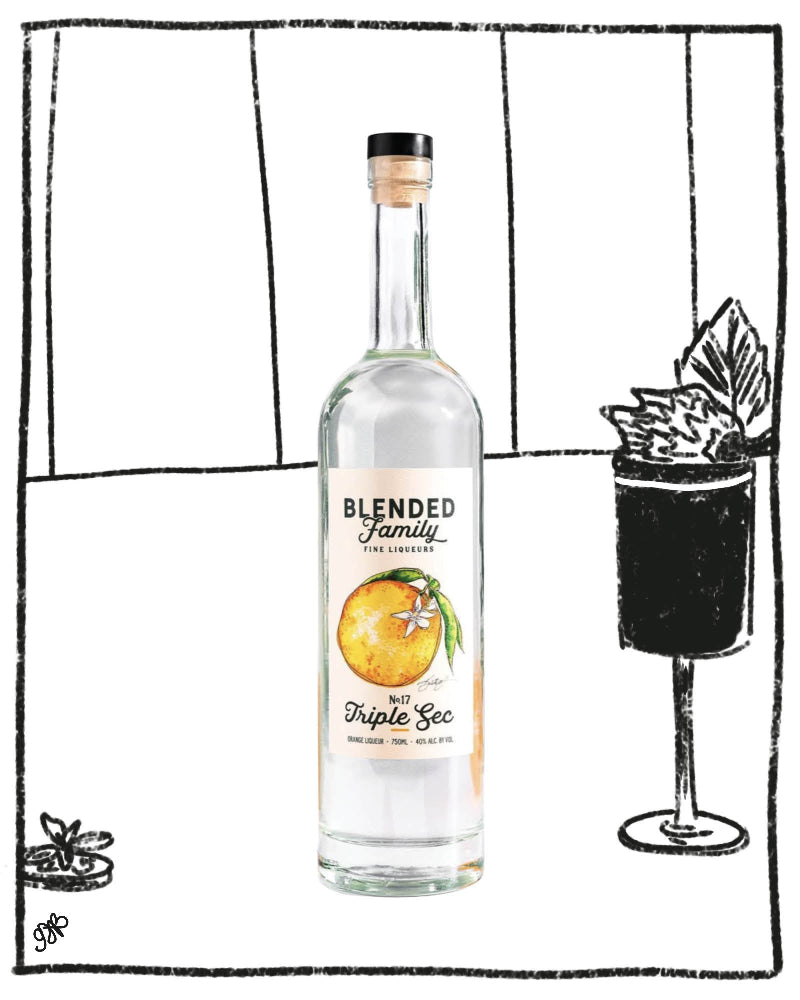 Bottle of 'Blended Family' triple sec with a black and white illustration of a cocktail in the background.