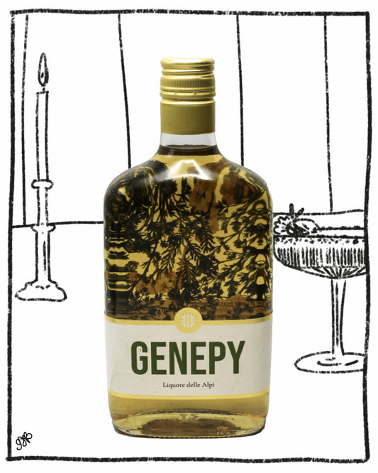Bottle of Genepy liquor with a label and decorative elements on a white background