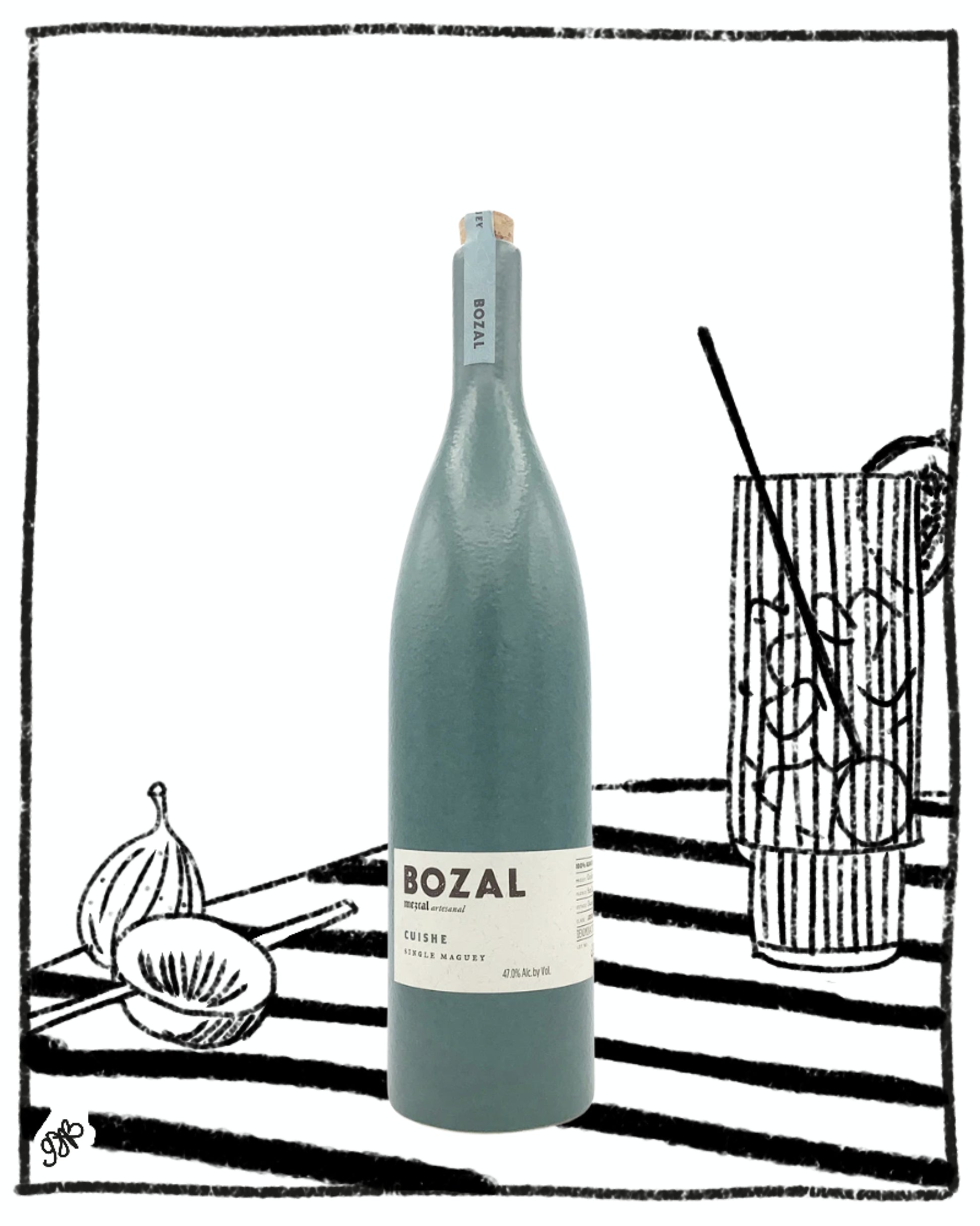 Wine bottle labeled 'Bozal' on a white background with black and white striped pattern