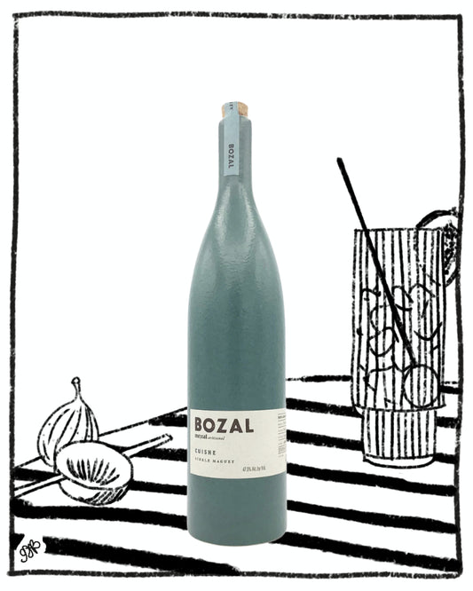 Wine bottle labeled 'Bozal' on a white background with black and white striped pattern