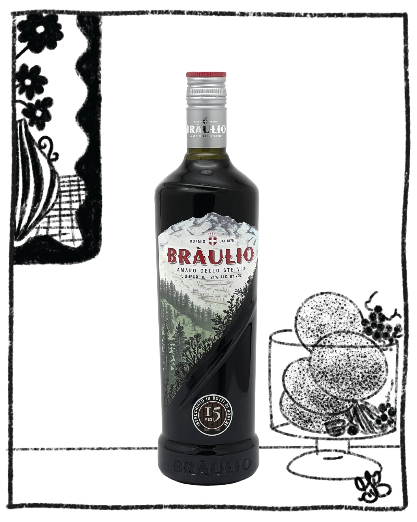 Dark bottle of Braulio Amaro with a forest picture on the label