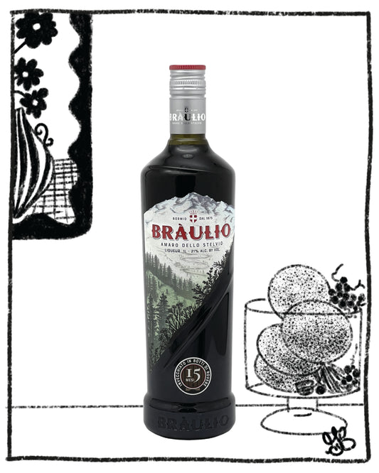 Dark bottle of Braulio Amaro with a forest picture on the label