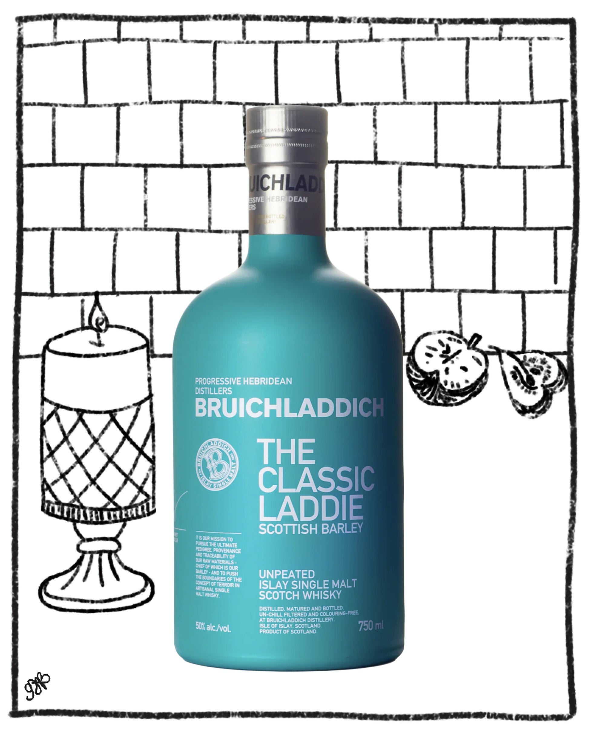 Bruichladdich whisky bottle with decorative elements on a tiled background