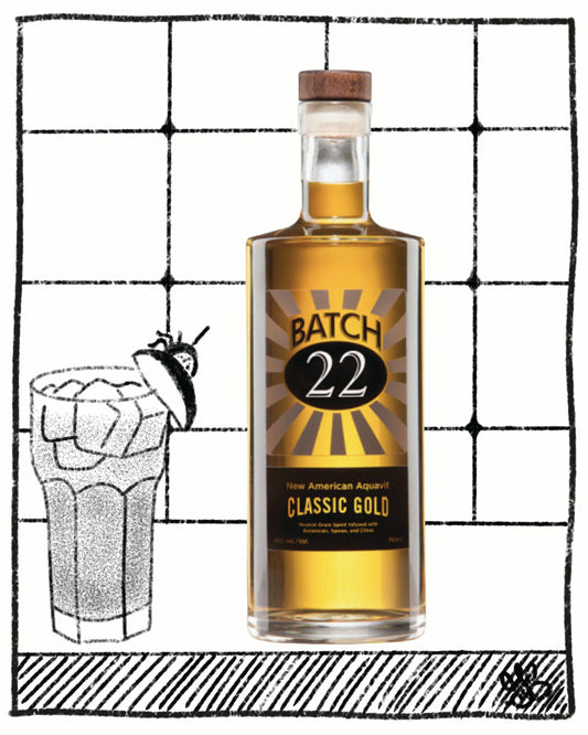 Bottle of Batch 22 Classic Gold liquor with a cocktail illustration on a grid background