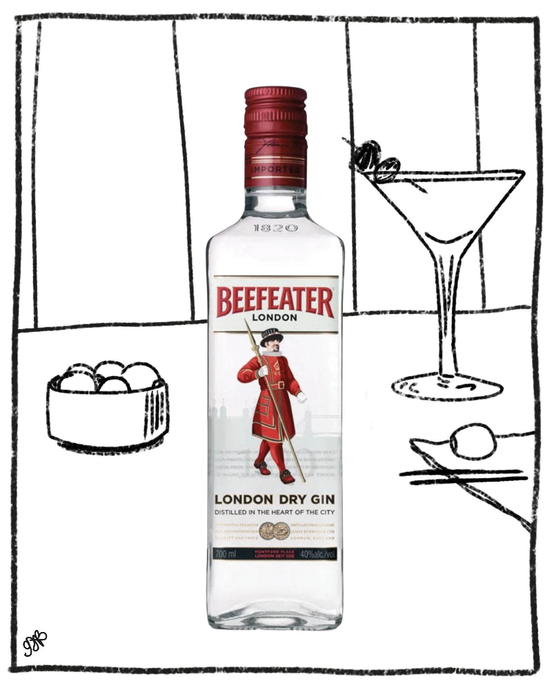Beefeater London Dry Gin bottle with a black and white illustration of a bar setting.