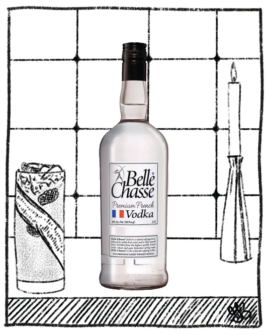 Bottle of Belle Chasse Vodka on a tiled background with a glass and candle.