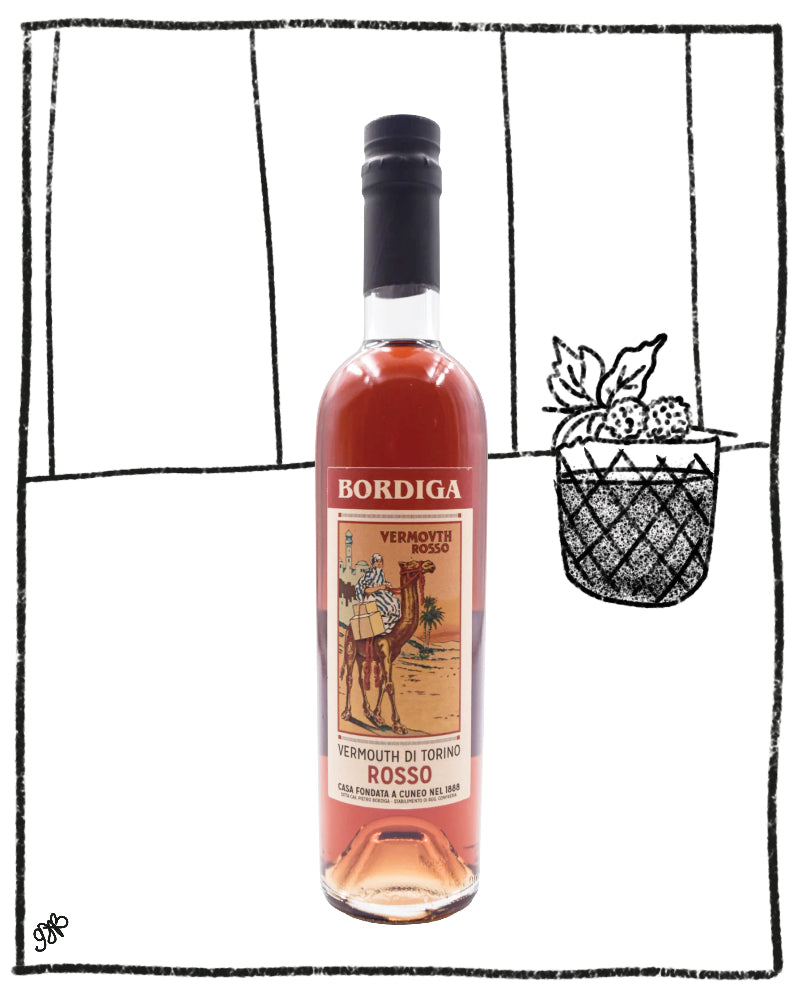 A bottle of Bordiga Vermouto Rosso white wine centered on a white background with a hand-drawn black line-art border and a small sketch of a potted plant to the right.