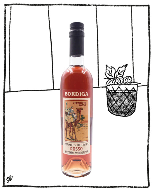 A bottle of Bordiga Vermouto Rosso white wine centered on a white background with a hand-drawn black line-art border and a small sketch of a potted plant to the right.