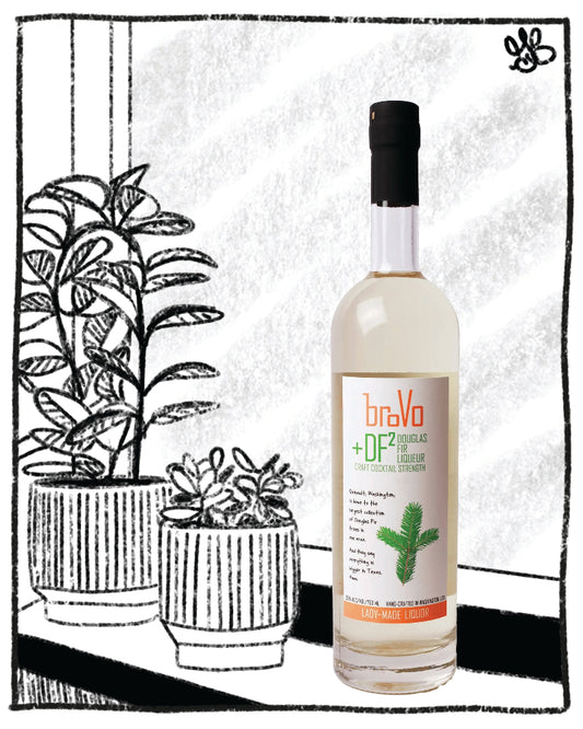 Bottle of Bravo +DF7 liqueur with potted plants in the background