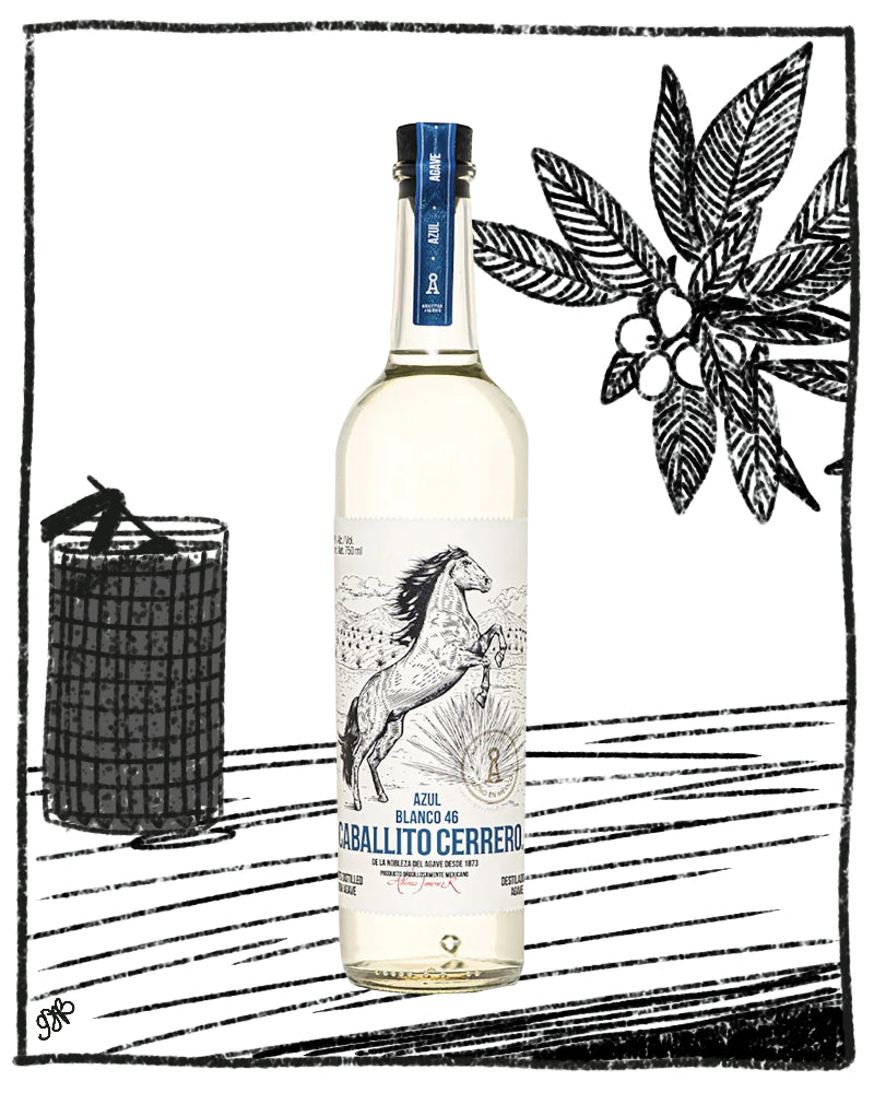Bottle of caballito Cerrero tequile in front of a black and white drawing of a plant and a glass