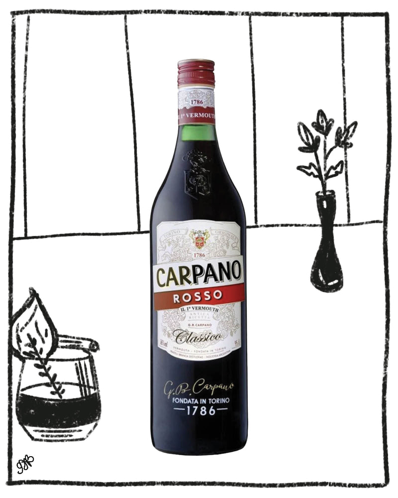Bottle of Carpano Rosso Vermouth with a decorative background