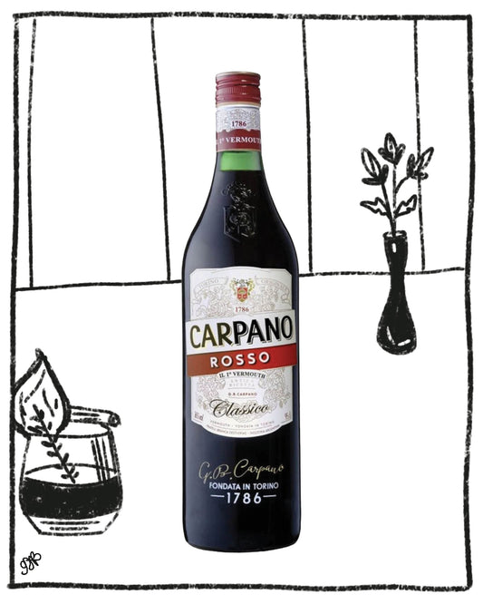 Bottle of Carpano Rosso Vermouth with a decorative background