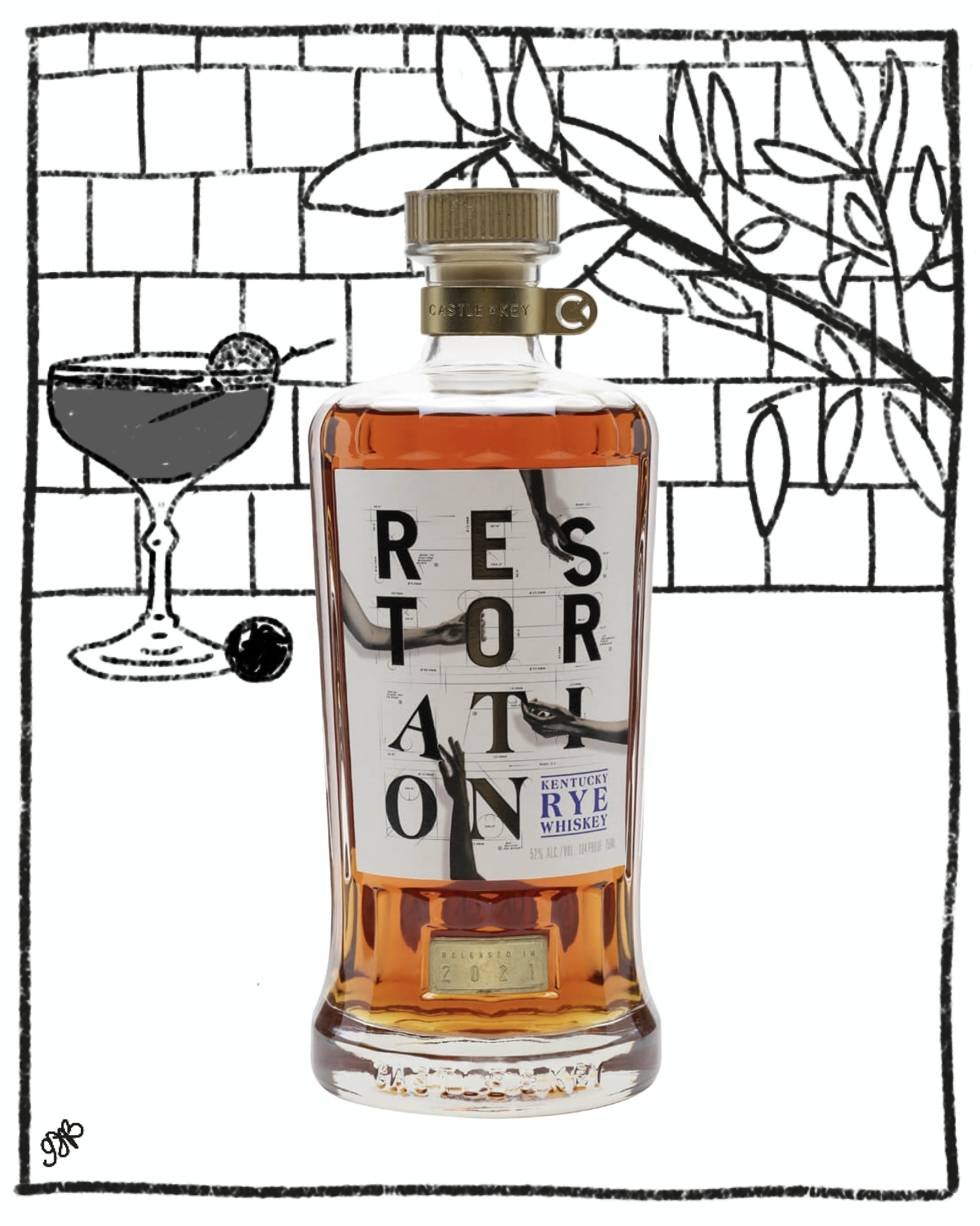 Bottle of Restoration Rye Whiskey with a glass and olive on a stylized background