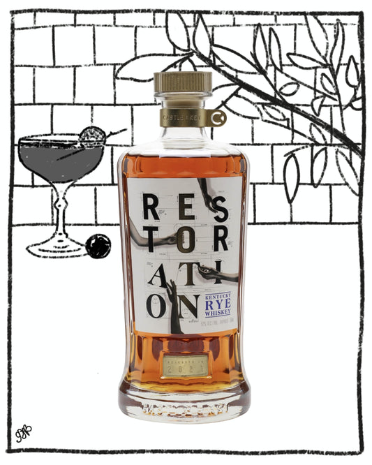 Bottle of Restoration Rye Whiskey with a glass and olive on a stylized background