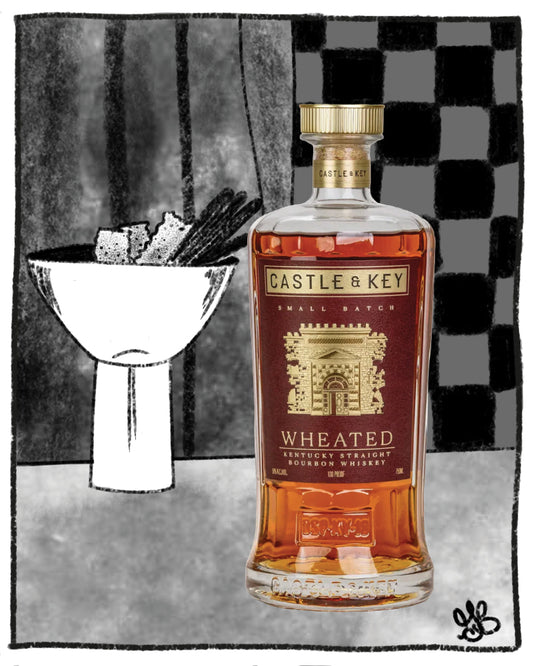 Bottle of Castle & Key wheated bourbon with a cocktail glass in the background