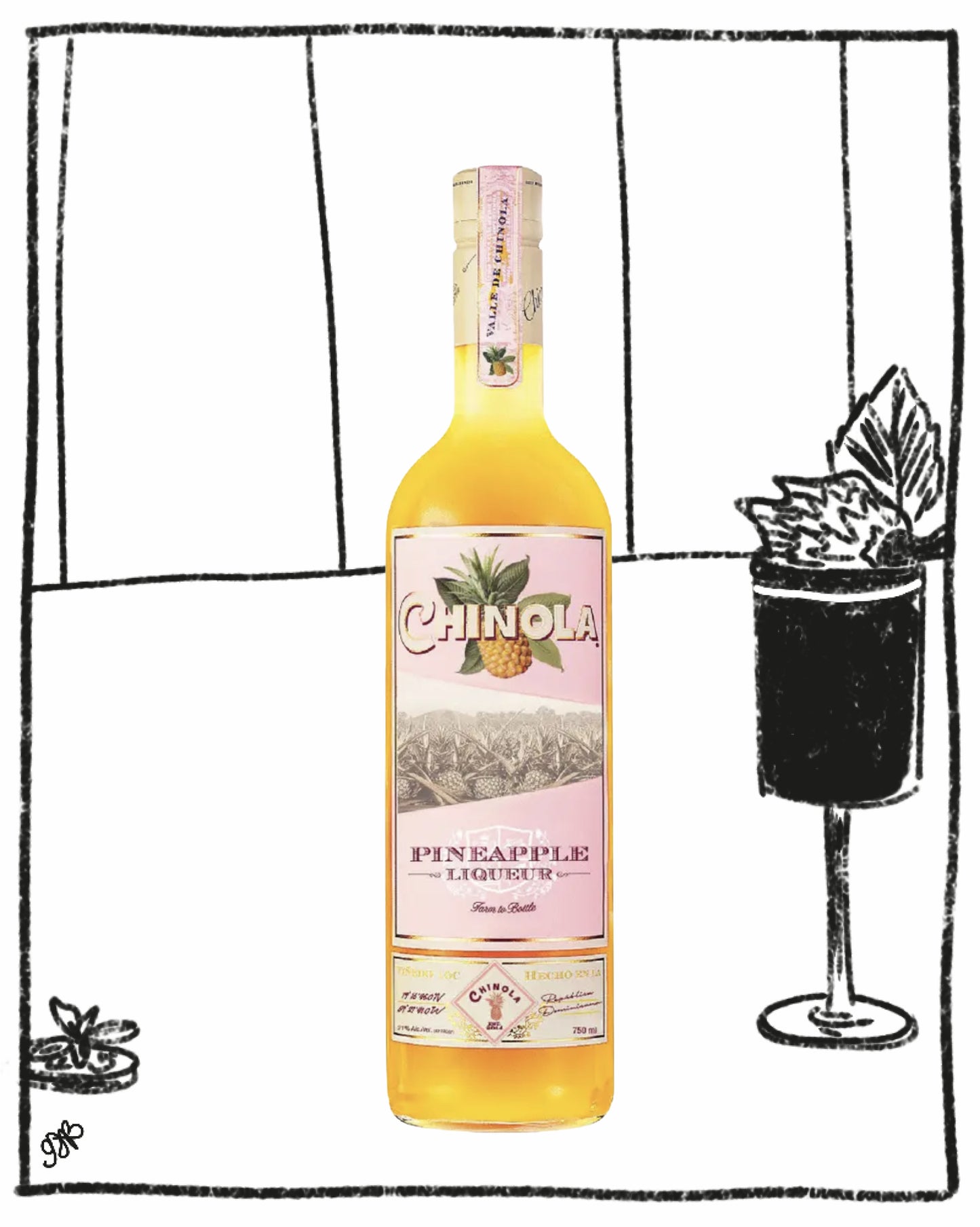 Bottle of Chinola Pineapple Liqueur with a cocktail in the background