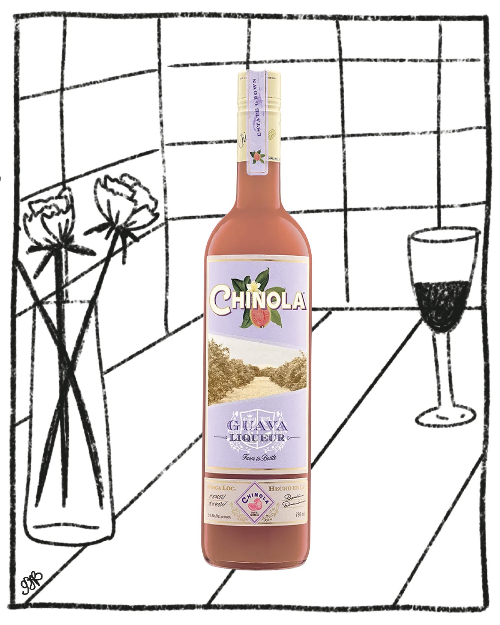 A bottle of Chinola Guava Liqueur centered on a white background with a hand-drawn black line-art illustration of flowers, a wine glass, and a tiled wall behind it.