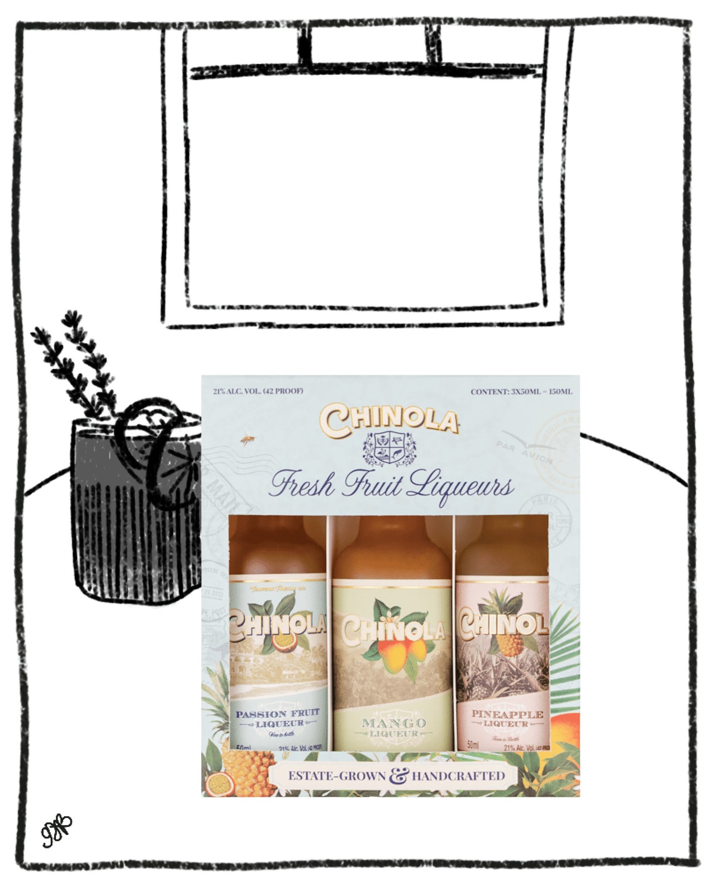 A boxed set of three Chinola Fresh Fruit Liqueurs bottles displayed on a white background with a hand-drawn black sketch of a bag and a small potted plant above it. The box shows Passion Fruit, Mango, and Pineapple flavors.