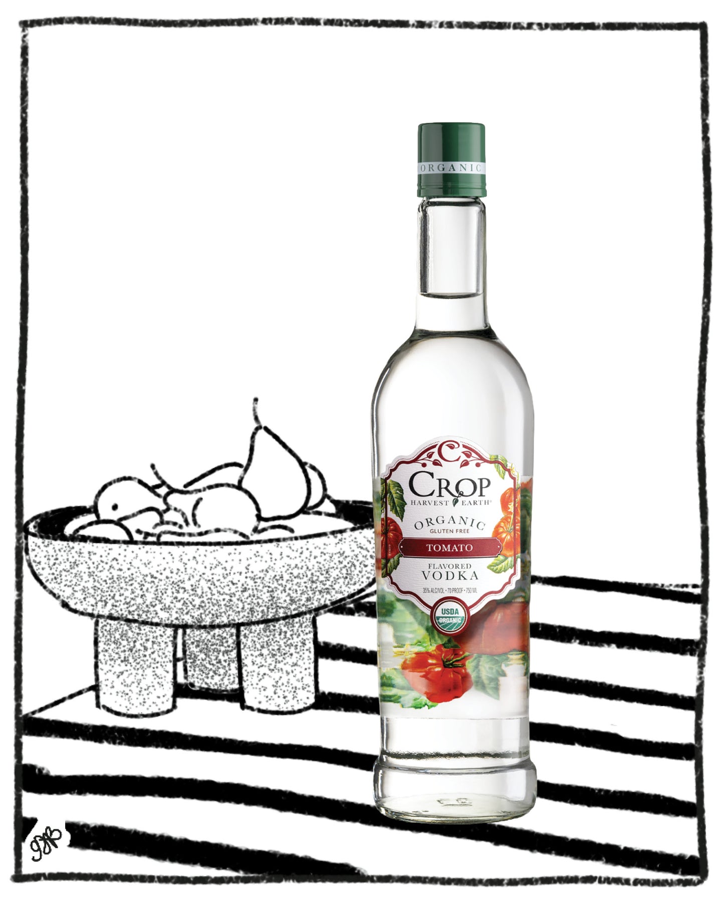 A bottle of Crop Organic Strawberry Vodka stands on a black-and-white striped surface next to a black-and-white illustration of fruit in a bowl, on a white background with a hand-drawn border.