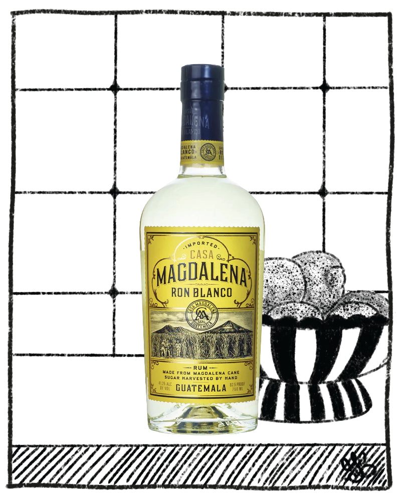Casa Magdalena Ron Blanco rum bottle on a black and white grid background