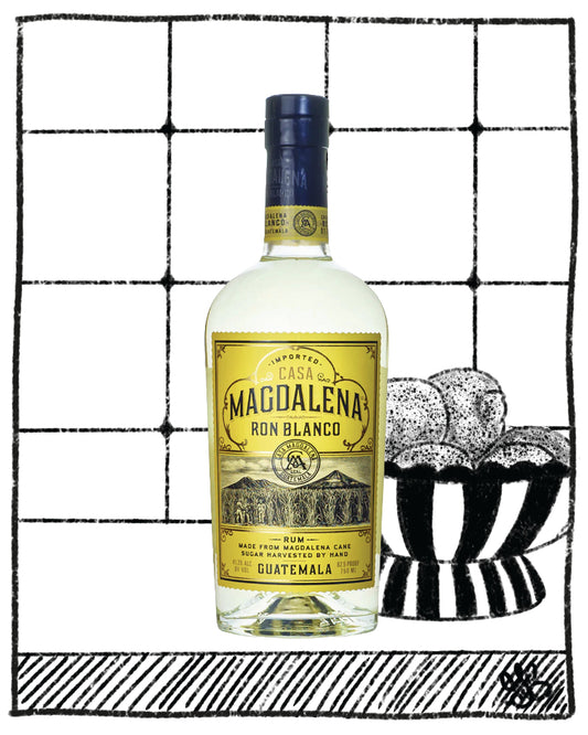 Casa Magdalena Ron Blanco rum bottle on a black and white grid background